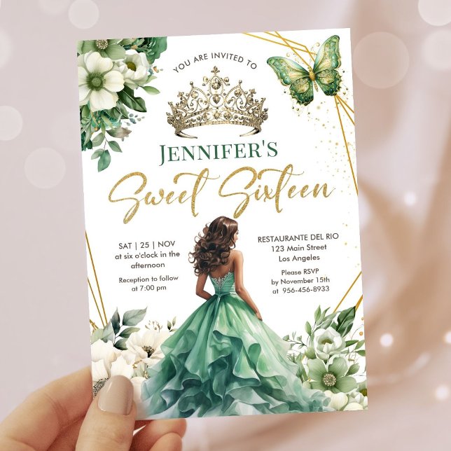 Invitación Princesa de oro verde esmeralda Tiara Dulce Floral (Subido por el creador)