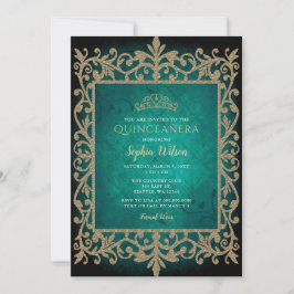 Invitación Princesa de oro verde vintage Tiara Quinceañera