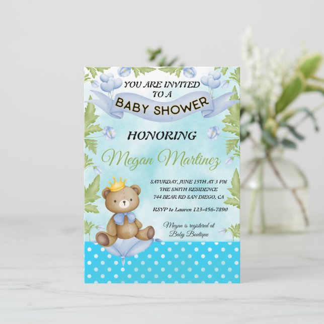 Invitación princesa de oso azul Flor niño ducha de bebé (Anverso de pie)