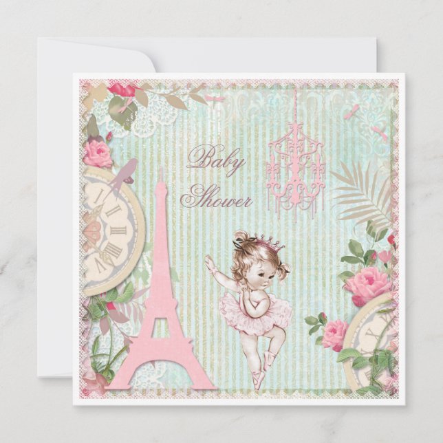 Invitación Princesa de París Ballerina Shabby Chic Baby Showe (Anverso)