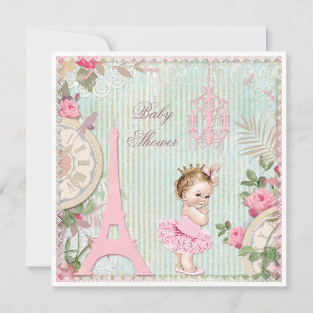 Invitación Princesa de París en Tutu Shabby Chic Baby Shower (Anverso)