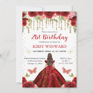Invitación Princesa de pelo castaño cumpleaños 21 en vestido
