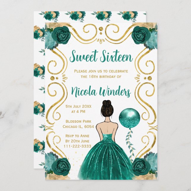 Invitación Princesa de pelo marrón dulce en Verde azulado (Anverso / Reverso)