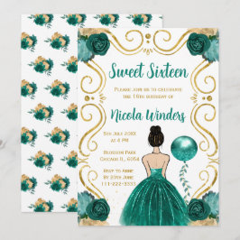 Invitación Princesa de pelo marrón dulce en Verde azulado