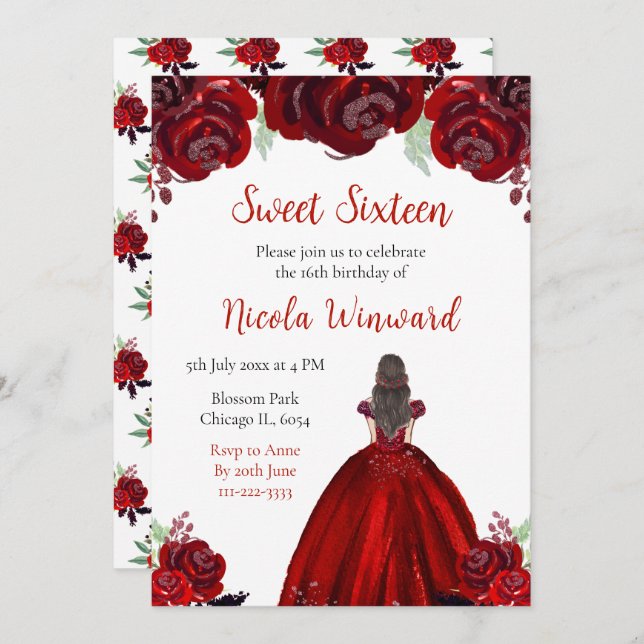 Invitación Princesa de pelo marrón Dulce Floral Rojo Dieciséi (Anverso / Reverso)