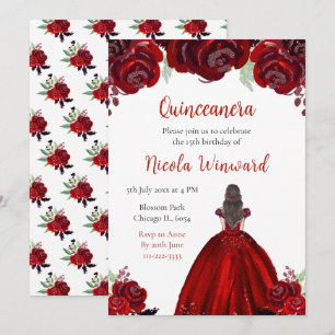 Invitación Princesa de pelo marrón floral roja Quinceanera