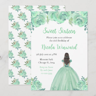 Invitación Princesa de pelo marrón Mint Dulce Floral Dieciséi