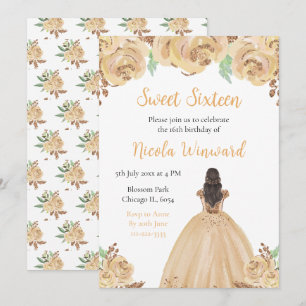 Invitación Princesa de pelo marrón Peach Floral Sweet Diecisé