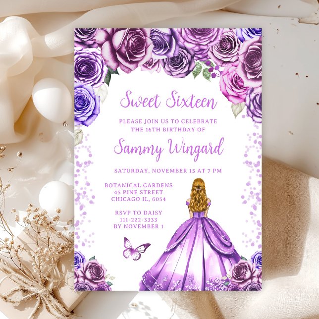 Invitación Princesa de pelo morado claro dulce dulce dieciséi (Subido por el creador)