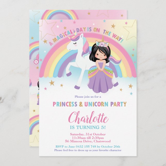 Invitación Princesa de pelo negro lindo Unicornio cumpleaños  (Anverso / Reverso)