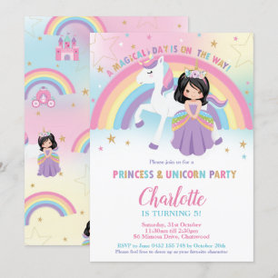 Invitación Princesa de pelo negro lindo Unicornio cumpleaños