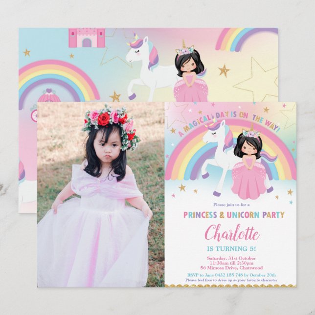 Invitación Princesa de pelo negro lindo Unicornio cumpleaños  (Anverso / Reverso)