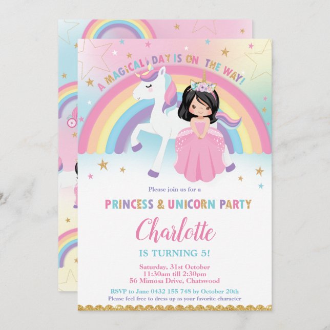 Invitación Princesa de pelo negro lindo Unicornio cumpleaños  (Anverso / Reverso)