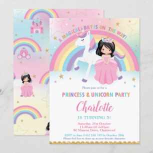 Invitación Princesa de pelo negro lindo Unicornio cumpleaños