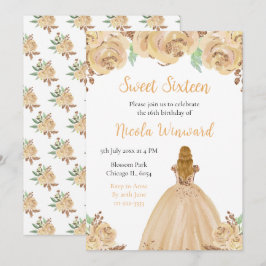 Invitación Princesa de pelo rubio Peach Floral Sweet Dieciséi