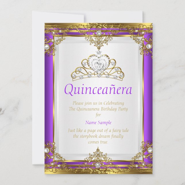 Invitación Princesa de Perla Blanca de Oro Púrpura Quinceaner (Anverso)