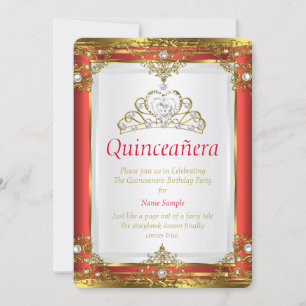 Invitación Princesa de Perla Blanca de Oro Rojo Quinceanera
