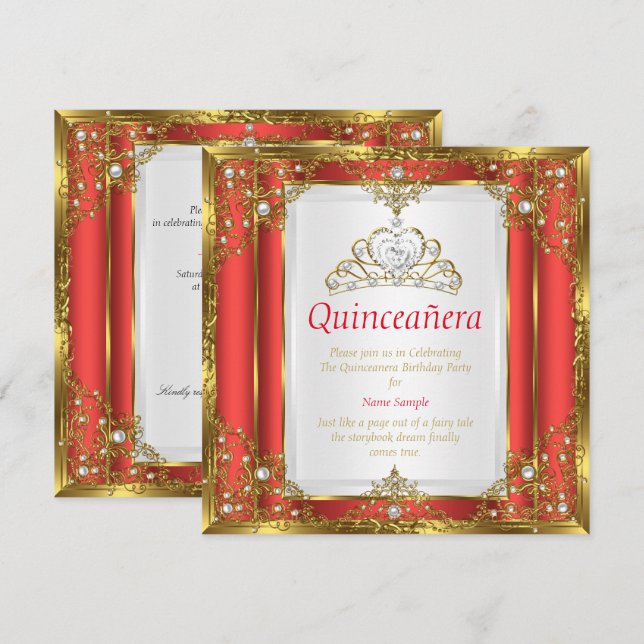 Invitación Princesa de Perla Blanca de Oro Rojo Quinceanera (Anverso / Reverso)