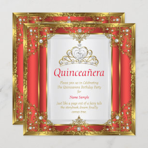 Invitación Princesa de Perla Blanca de Oro Rojo Quinceanera