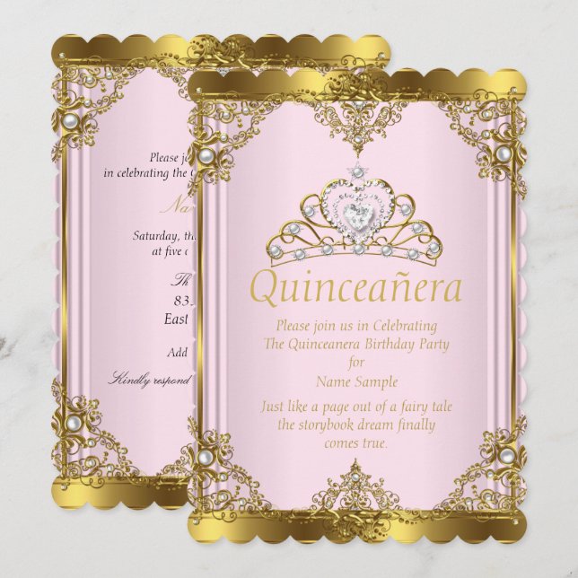 Invitación Princesa de Perla Blanca de Oro Rosa Quinceanera 2 (Anverso / Reverso)