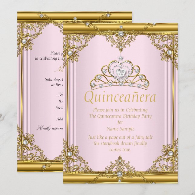 Invitación Princesa de Perla Blanca de Oro Rosa Quinceanera R (Anverso / Reverso)