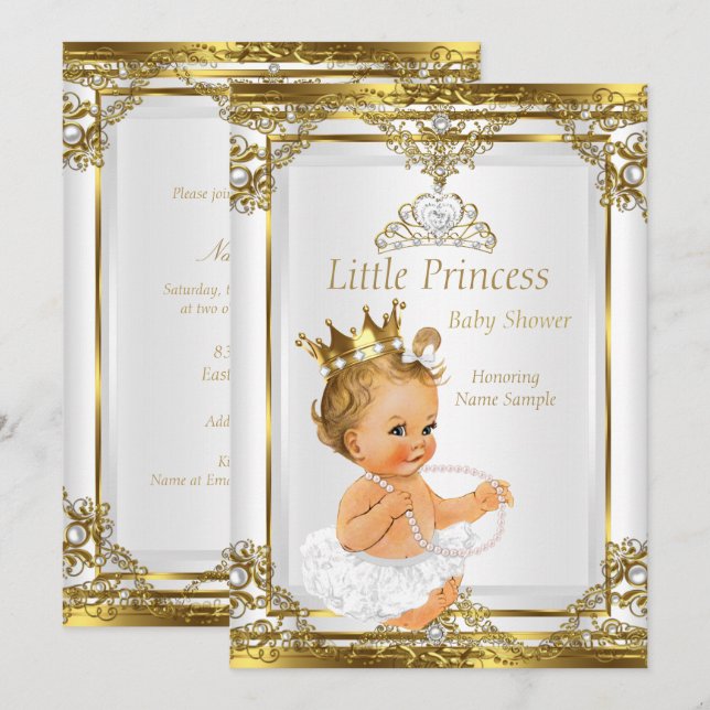 Invitación Princesa de Perla Blanca dorada Baby Shower Blonde (Anverso / Reverso)