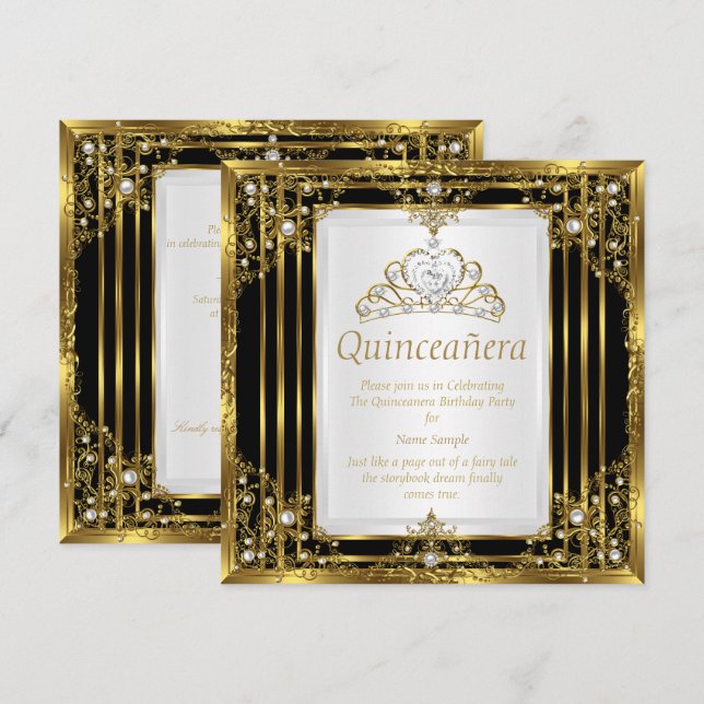 Invitación Princesa de Perla Blanca y Negra de Oro Quinceaner (Anverso / Reverso)