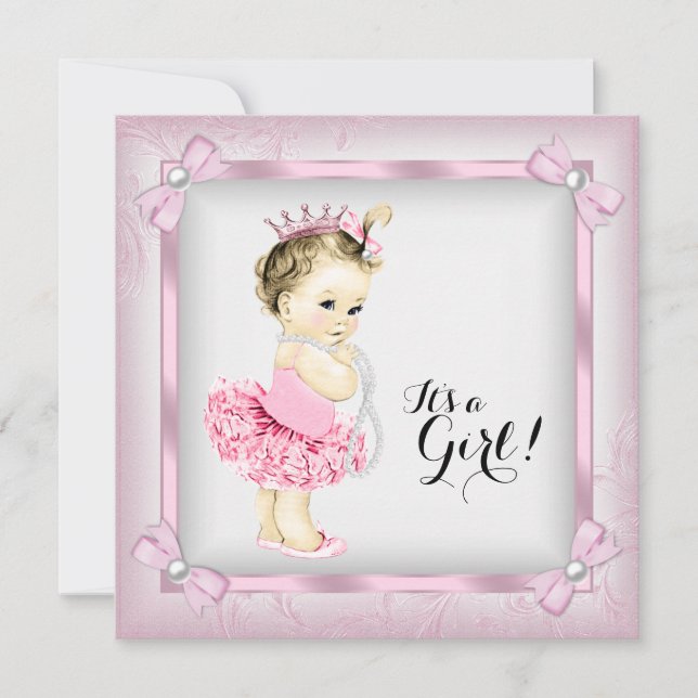 Invitación Princesa de Perla Blanca y Rosa Tutu Baby Shower (Anverso)