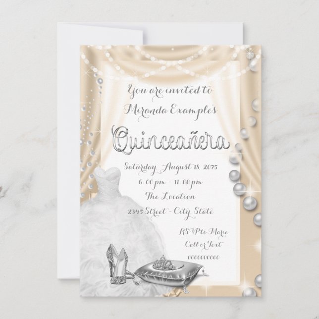 Invitación Princesa de perla de marfil Quinceañera (Anverso)