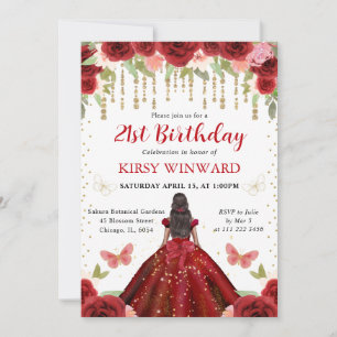 Invitación Princesa de Piel Morena con Vestido Rojo Cumpleaño
