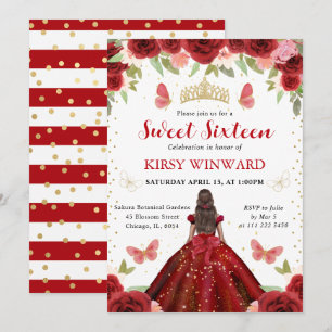 Invitación Princesa de Piel Morena con Vestido Rojo Dulces 16