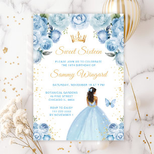Invitación Princesa de piel oscura azul claro Sweet Sixteen