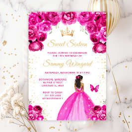 Invitación Princesa de Piel Oscura Caliente Rosa Dulce Diecis