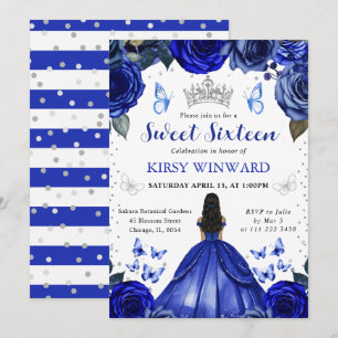Invitación Princesa de Piel Oscura con Vestido Azul Cumple Du