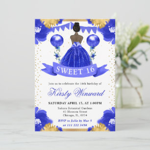 Invitación Princesa de Piel Oscura con Vestido Azul Cumple Du