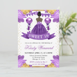 Invitación Princesa de Piel Oscura con Vestido Morado Cumple