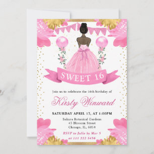 Invitación Princesa de Piel Oscura con Vestido Rosa Cumple Du