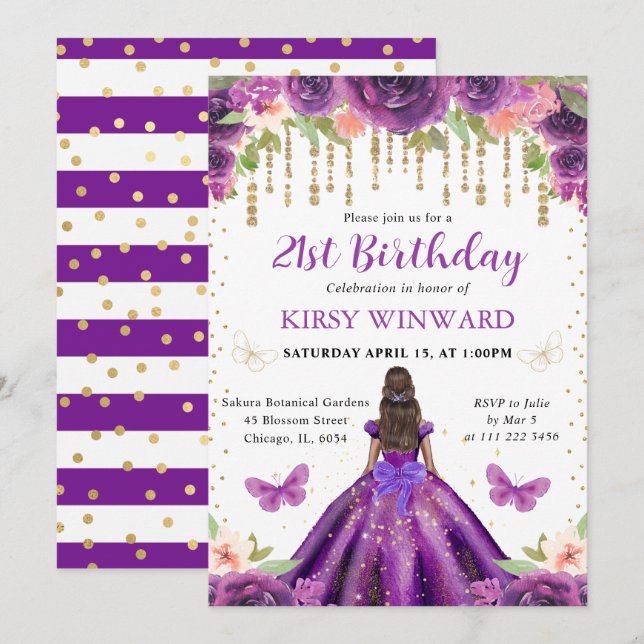 Invitación Princesa de Piel Oscura Cumpleaños con Vestido Mor (Anverso / Reverso)