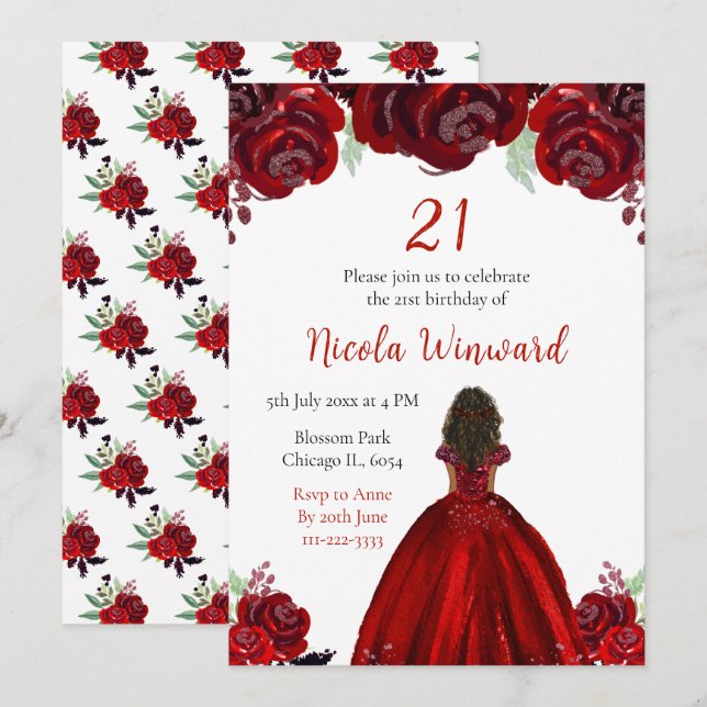 Invitación Princesa de Piel Oscura Fiesta de Cumpleaños con F (Anverso / Reverso)