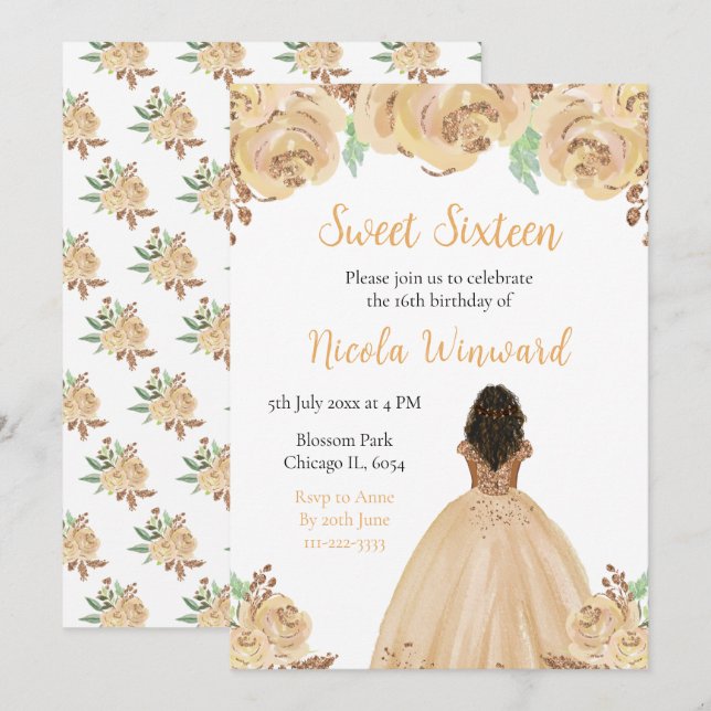 Invitación Princesa de Piel Oscura Peach Floral Sweet Diecisé (Anverso / Reverso)