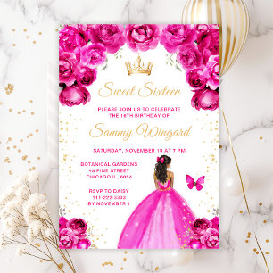 Invitación Princesa de Piel Oscura Rosa Brillante Cumple Diec