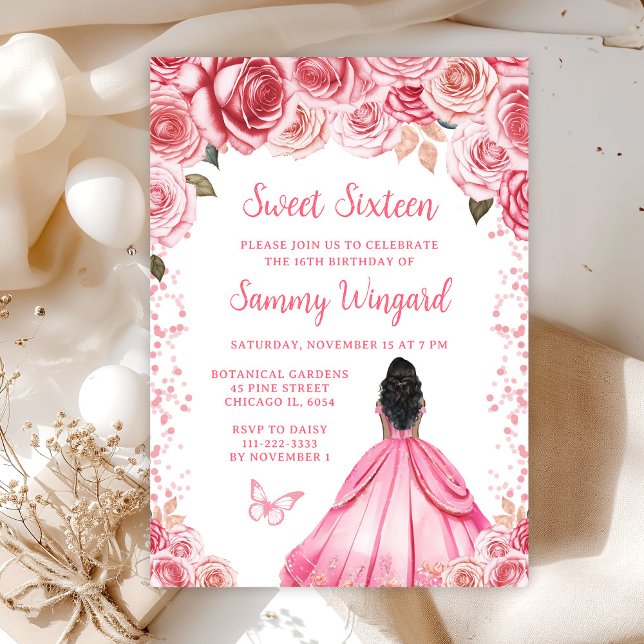 Invitación Princesa de Piel Oscura Rosa Rosa Dulce Dieciséis (Subido por el creador)