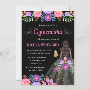 Invitación Princesa de piel oscura vestido mexicano Quinceane