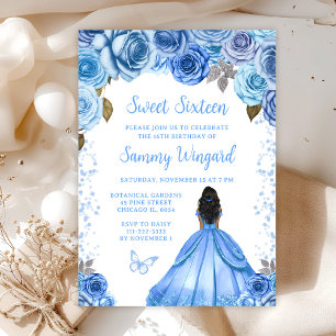 Invitación Princesa de piel oscura y azul bebé Cumple diecisé