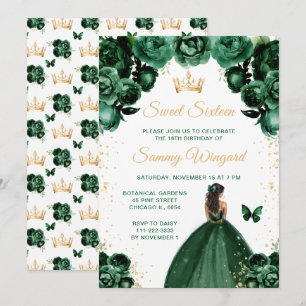 Invitación Princesa de piel oscura y vestido verde oscuro Swe
