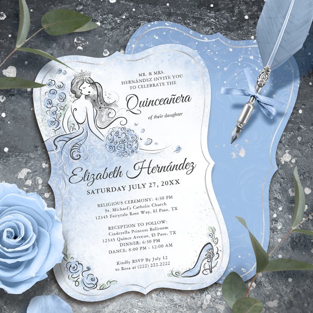 Invitación Princesa de Plata Azul Luz Quinceanera Cumpleaños (Unique, downloadable light blue quinceanera invitations on an editable DIY template.)