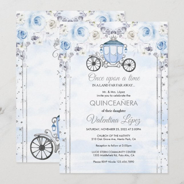 Invitación Princesa de Plata Azul Luz Quinceanera Cumpleaños (Anverso / Reverso)