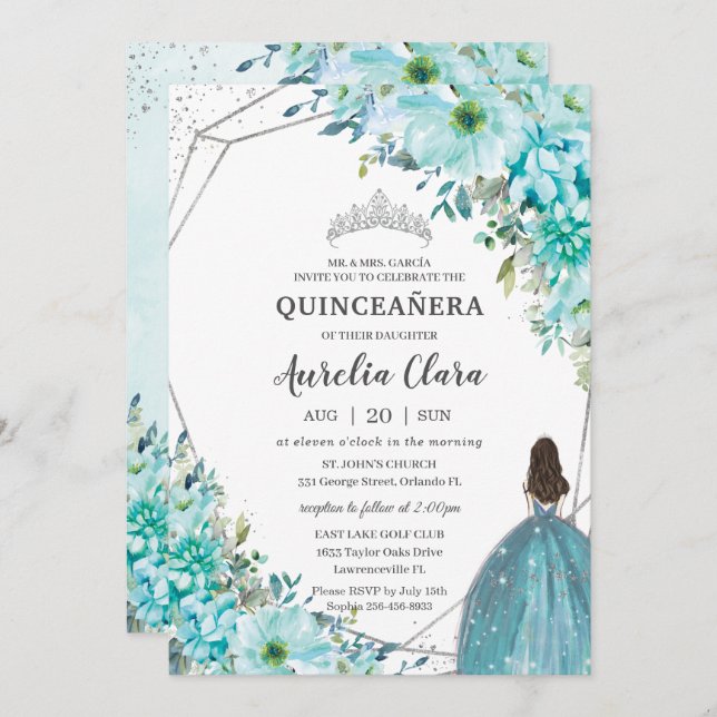Invitación Princesa de plata azul turquesa Quinceañera (Anverso / Reverso)