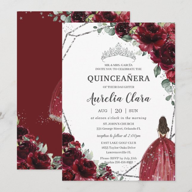 Invitación Princesa de Plata Floral Roja Borgoña (Anverso / Reverso)