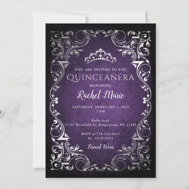 Invitación Princesa de plata morada vintage Tiara Quinceañera (Anverso)